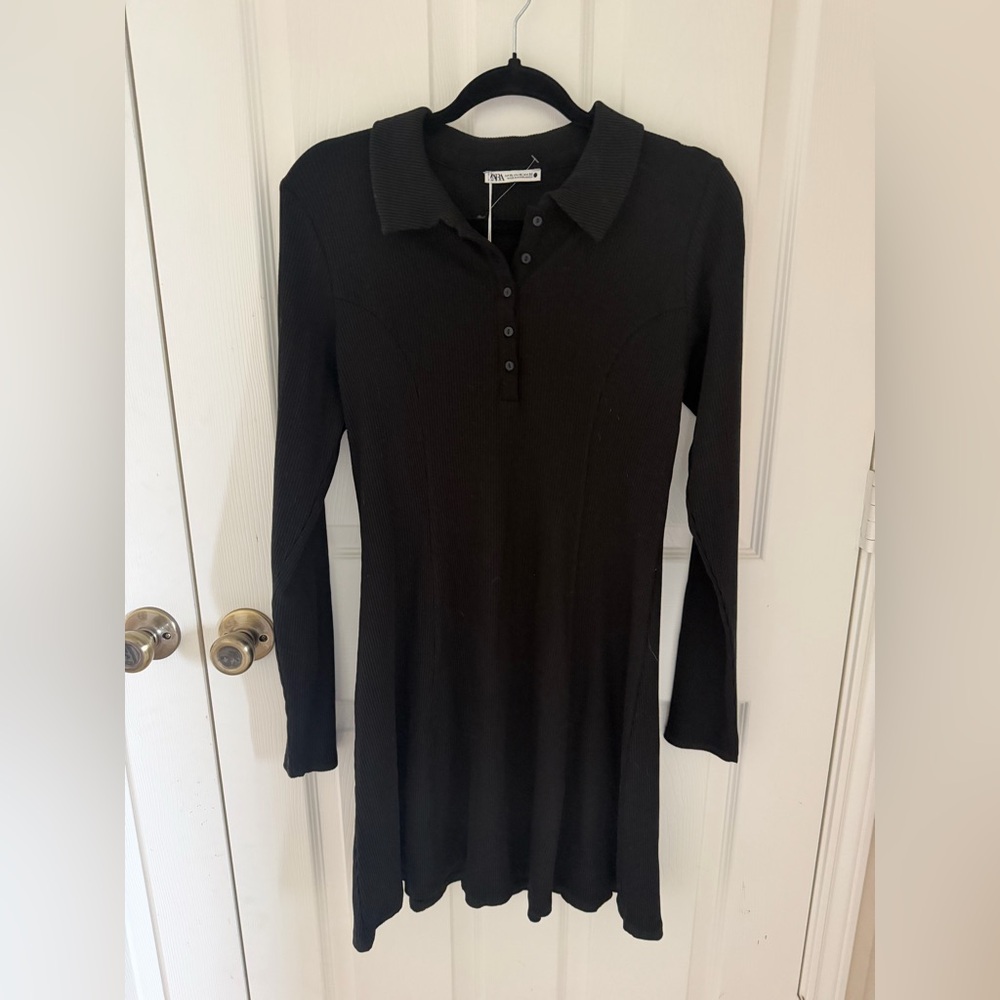 Zara Black Ribbed Long-Sleeve Polo Dress